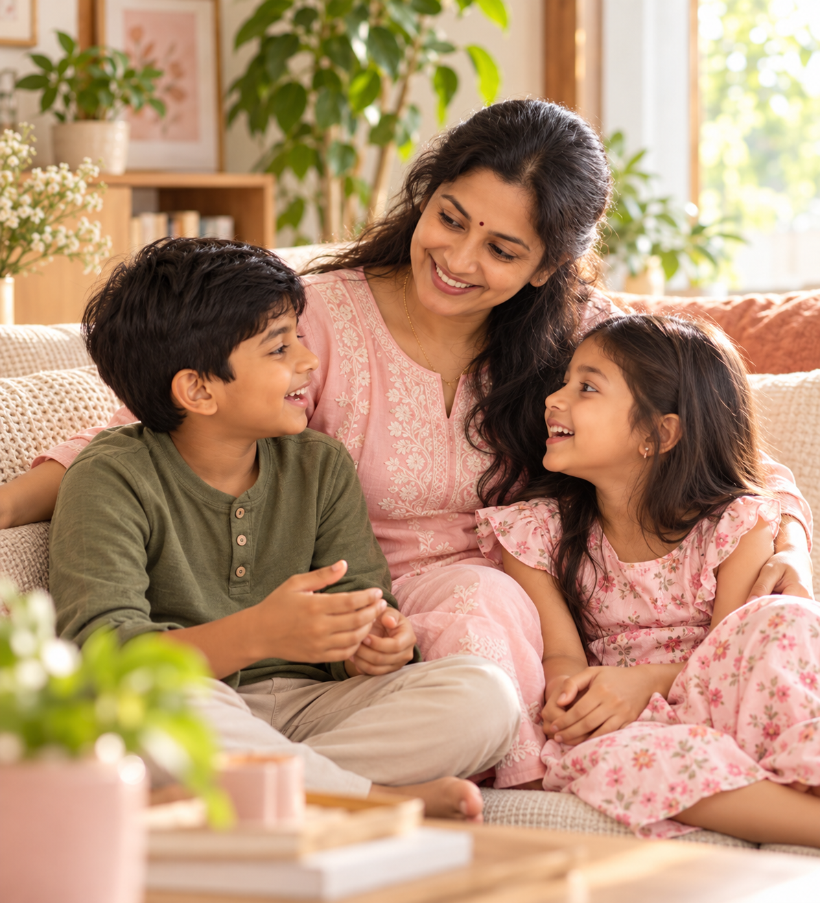 A mother in a pink kurta smiling warmly at her son while he and his sister laugh together on a sofa