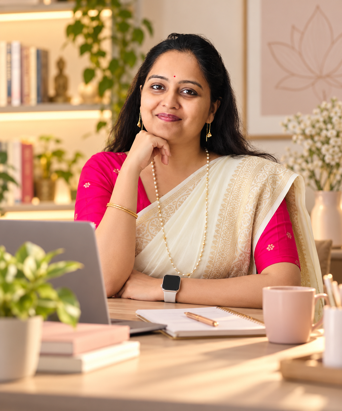 Dr. Sansriti Tiwari, Child & Parent Counsellor, seated at her desk in a pink blouse and cream saree